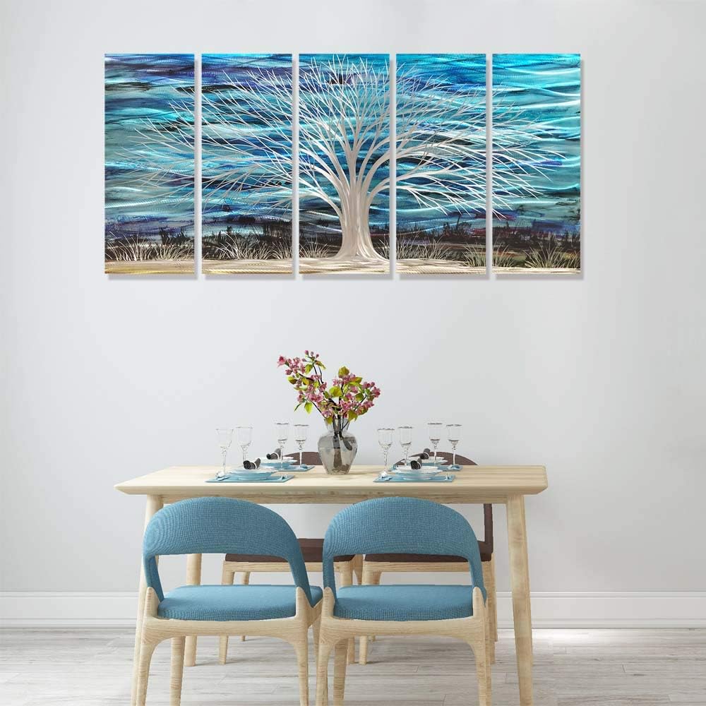 RICHSPACE ARTS Blue Accents Metal Wall Art Home Decor Large Modern Metallic Artwork 3d Horizontal Sculpture with Bright Silver Tree on Aluminum Abstract Wall Decor 5 Panels for Living Room Bedroom Dining Room Office RICHSPACE ARTS Blue Accents Metal Wall Art Home Decor Large Modern Metallic Artwork 3d Horizontal Sculpture with Bright Silver Tree on Aluminum Abstract Wall Decor 5 Panels for Living Room Bedroom Dining Room Office