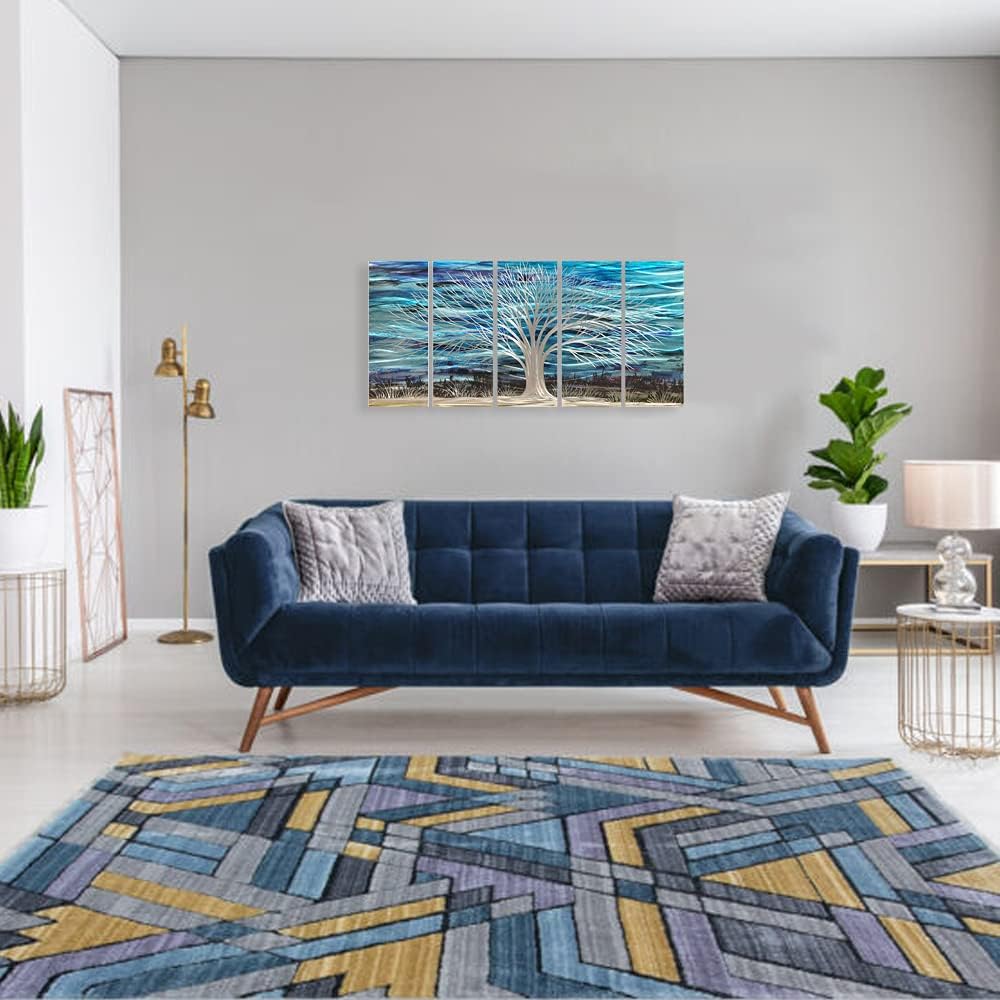 RICHSPACE ARTS Blue Accents Metal Wall Art Home Decor Large Modern Metallic Artwork 3d Horizontal Sculpture with Bright Silver Tree on Aluminum Abstract Wall Decor 5 Panels for Living Room Bedroom Dining Room Office RICHSPACE ARTS Blue Accents Metal Wall Art Home Decor Large Modern Metallic Artwork 3d Horizontal Sculpture with Bright Silver Tree on Aluminum Abstract Wall Decor 5 Panels for Living Room Bedroom Dining Room Office