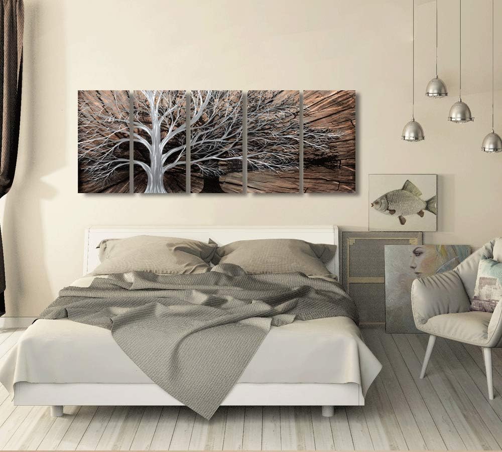 Yihui Arts 3D Silver Tree Metal Wall Art Hand Grind on Aluminum Brown Rustic Pictures in 5 Panel Modern Artwork for Living Room Bedroom Decoration (24Wx64L) Yihui Arts 3D Silver Tree Metal Wall Art Hand Grind on Aluminum Brown Rustic Pictures in 5 Panel Modern Artwork for Living Room Bedroom Decoration (24Wx64L)