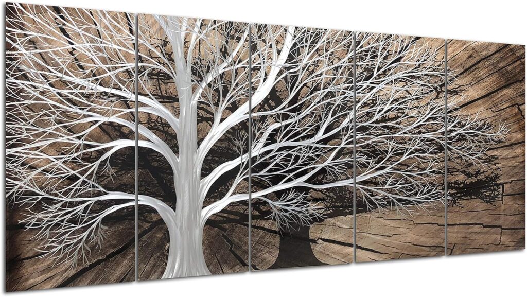 Yihui Arts 3D Silver Tree Metal Wall Art Hand Grind on Aluminum Brown Rustic Pictures in 5 Panel Modern Artwork for Living Room Bedroom Decoration (24Wx64L) Yihui Arts 3D Silver Tree Metal Wall Art Hand Grind on Aluminum Brown Rustic Pictures in 5 Panel Modern Artwork for Living Room Bedroom Decoration (24Wx64L)