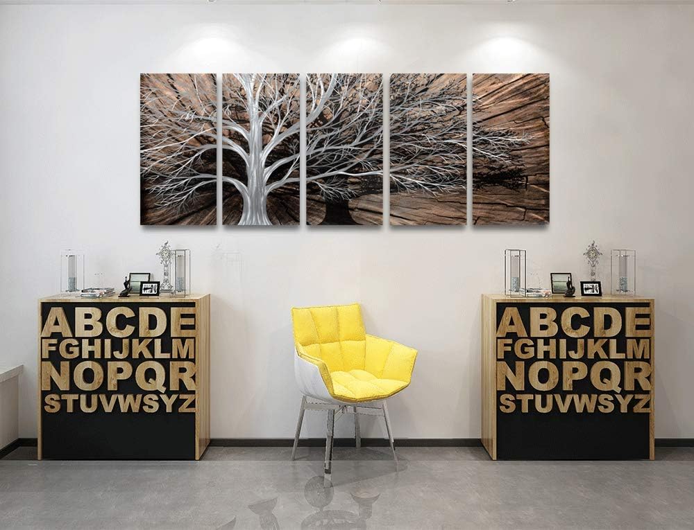 Yihui Arts 3D Silver Tree Metal Wall Art Hand Grind on Aluminum Brown Rustic Pictures in 5 Panel Modern Artwork for Living Room Bedroom Decoration (24Wx64L) Yihui Arts 3D Silver Tree Metal Wall Art Hand Grind on Aluminum Brown Rustic Pictures in 5 Panel Modern Artwork for Living Room Bedroom Decoration (24Wx64L)