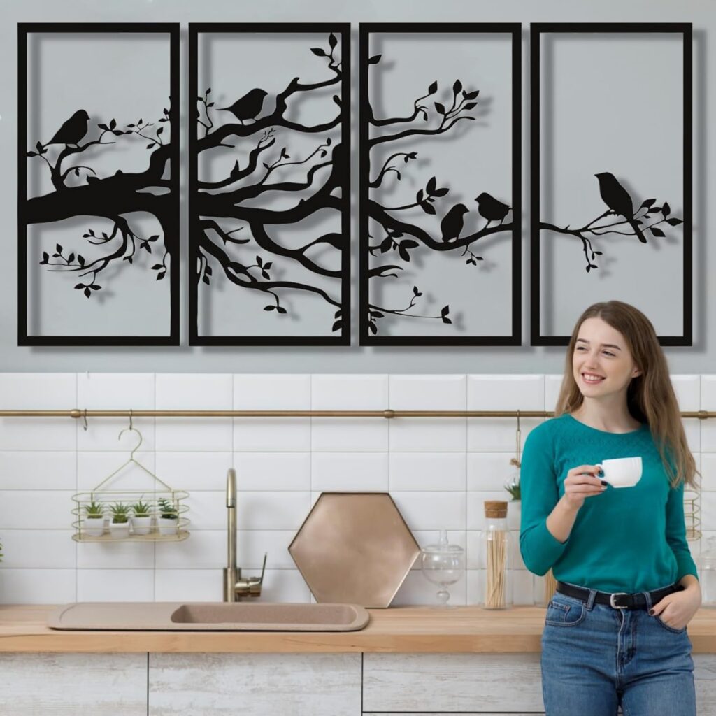 ICEWQOQU Metal Wall Decor, Metal Bird Wall Art, 4 Panels of Metal Bird Wall Decor, Tree of Life Wall Art, Birds Sign, Living Room Wall Art, Birds Metal Decor (59 W x 30 H / 150x75 cm, black) ICEWQOQU Metal Wall Decor, Metal Bird Wall Art, 4 Panels of Metal Bird Wall Decor, Tree of Life Wall Art, Birds Sign, Living Room Wall Art, Birds Metal Decor (59 W x 30 H / 150x75 cm, black)